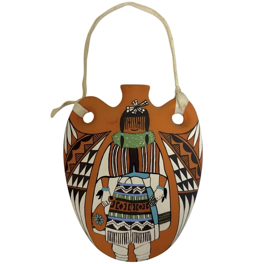 Vtg 1990s Native American Pueblo Pottery Hanging Canteen Signed A.A- Acoma, NM